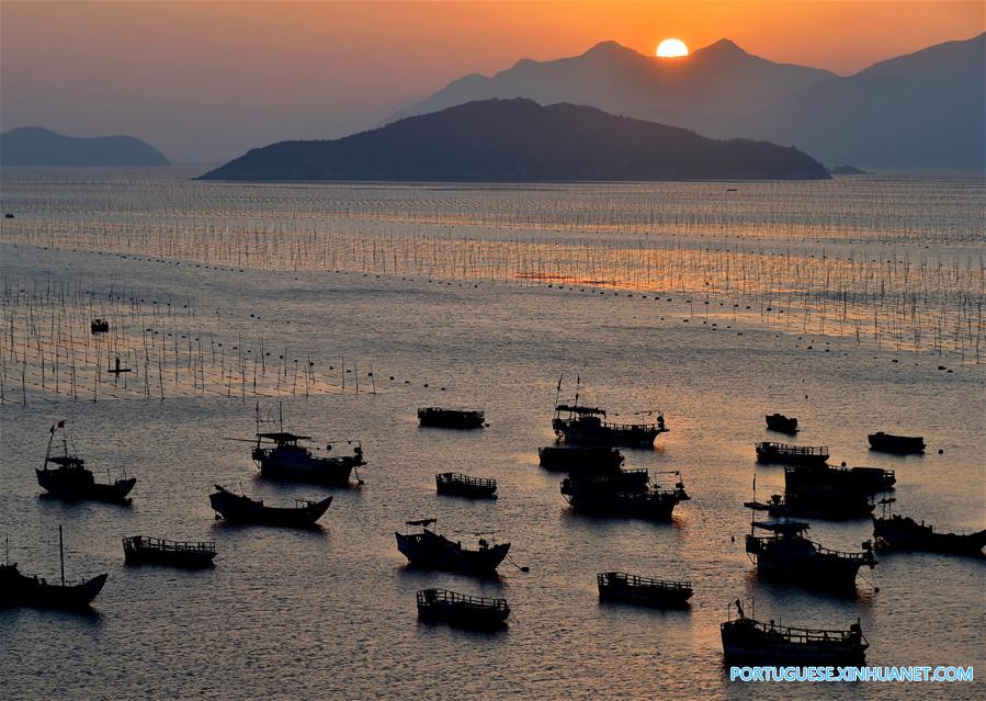Linda paisagem ao p?r do sol de uma fazenda de alga marinha em Fujian