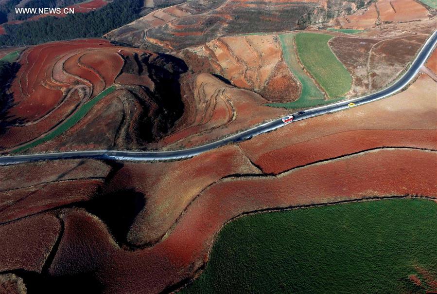 Panorama dos terra?os de solo vermelho no sudoeste da China