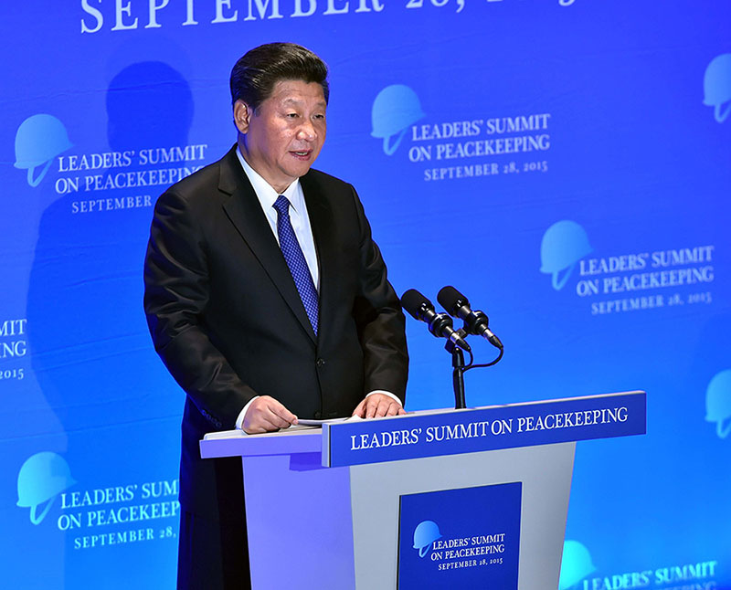 Presidente chinês Xi Jinping profere discurso na Cúpula de Líderes sobre Manuten??o de Paz, na sede das Na??es Unidas, em Nova Iorque, em setembro de 2015.
