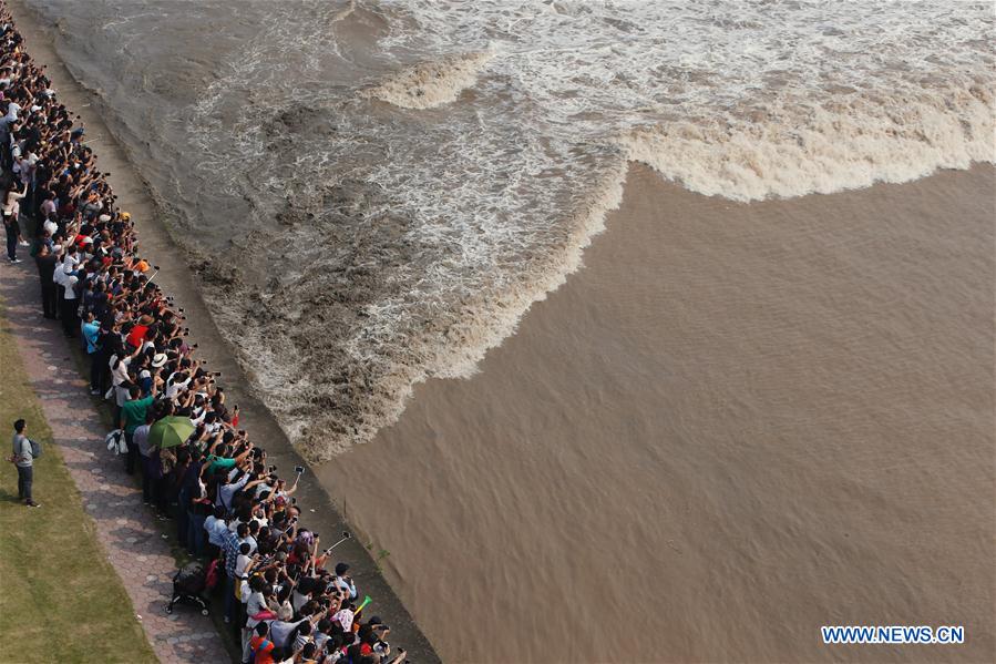 Macaréu do rio Qiantang atinge ponto máximo