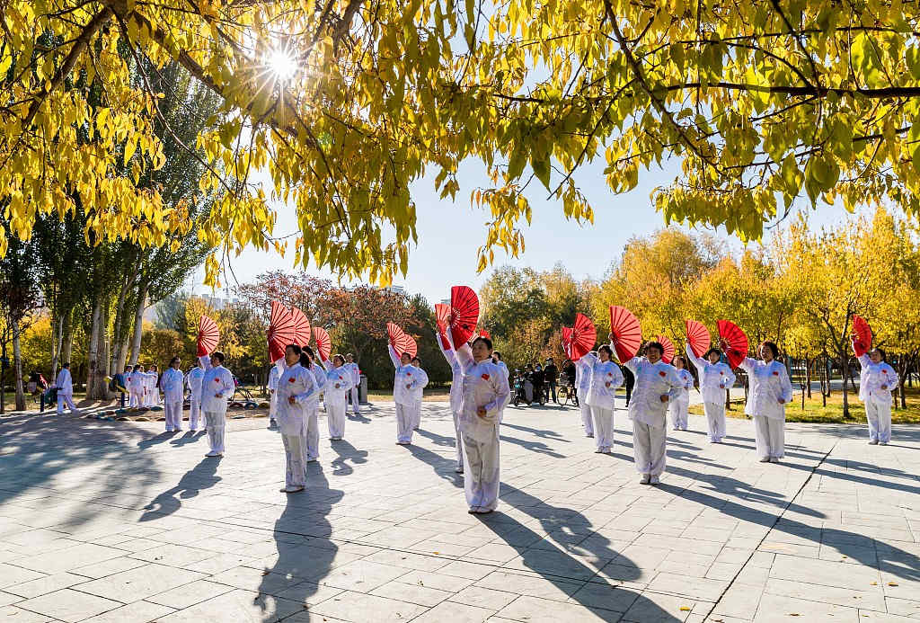 Entusiastas das artes marciais praticam dan?a tai chi em Hohhot