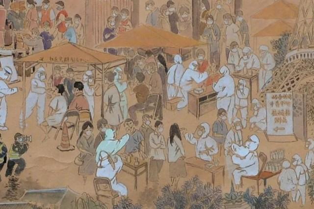 Pintura feita à m?o mostra cenas de preven??o e controle da pandemia na China