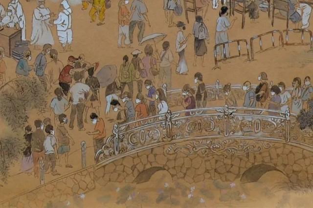 Pintura feita à m?o mostra cenas de preven??o e controle da pandemia na China