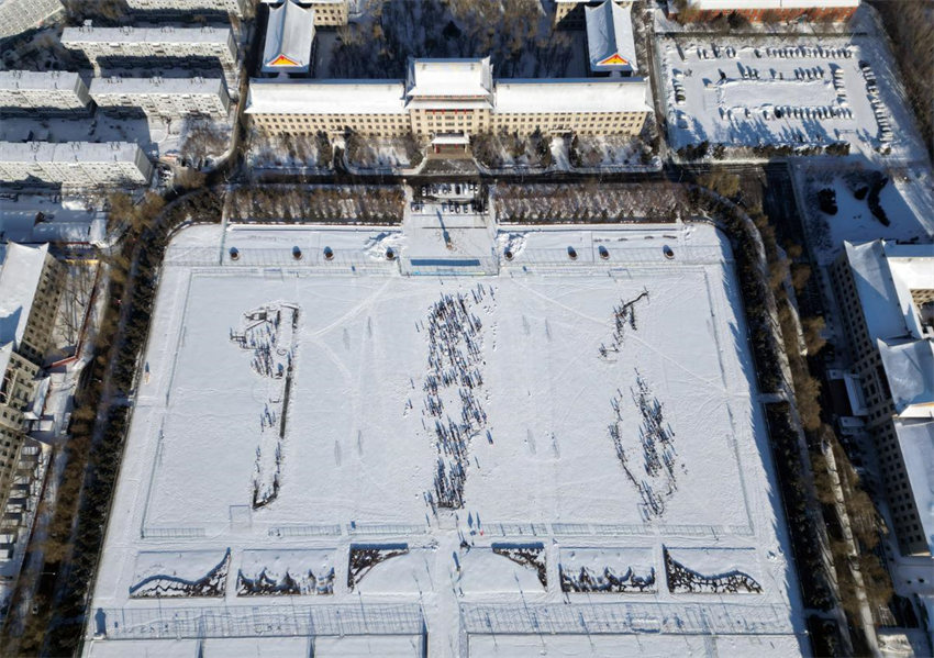 Alunos da Universidade de Engenharia de Harbin criam esbo?os de neve dando boas-vindas ao ano novo